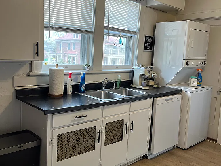 Kitchen w/ Side by Side Refrigerator w/ Ice maker, Stackable Washer/Dryer, Dishwasher and Flat Surface Stove. New Designer Ceiling Fan!