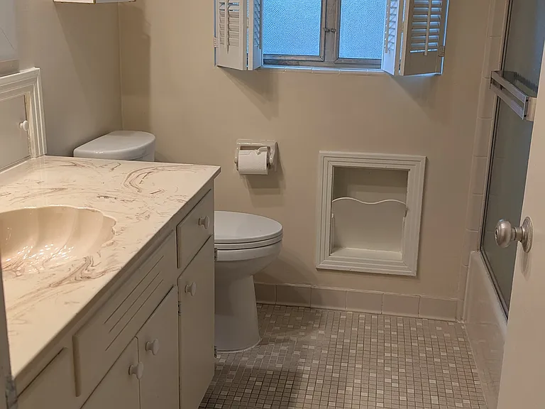 Hall Bath Front View (note built in magazine rack!)