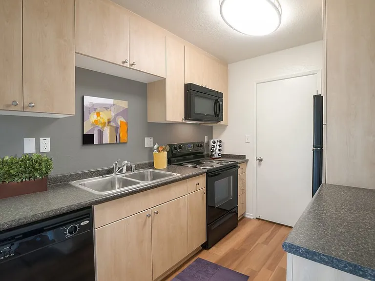 Classic Package I kitchen with black appliances, maple cabinetry, dark grey laminate countertops, and hard surface flooring
