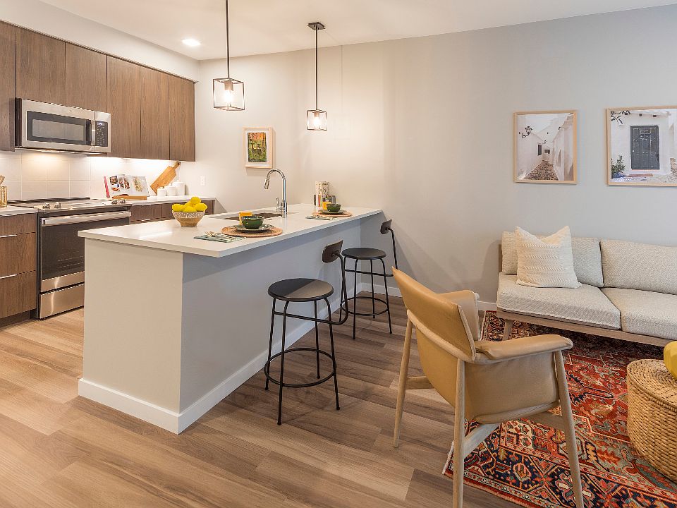Spacious living room with open concept designer kitchen