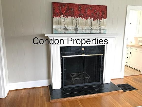 Wood burning fireplace in living room.