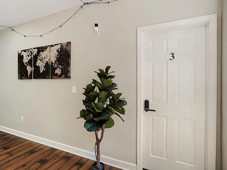 Welcoming interior entry area with durable wood-look flooring, keyless entry, and a wide wall for artwork or decor.
