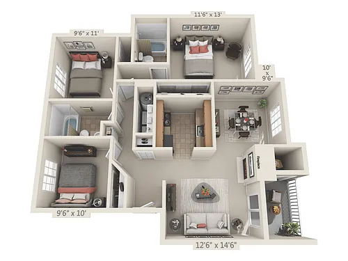 Floor plan 3 Bed, 2 Bath B (80% Income Restricted)