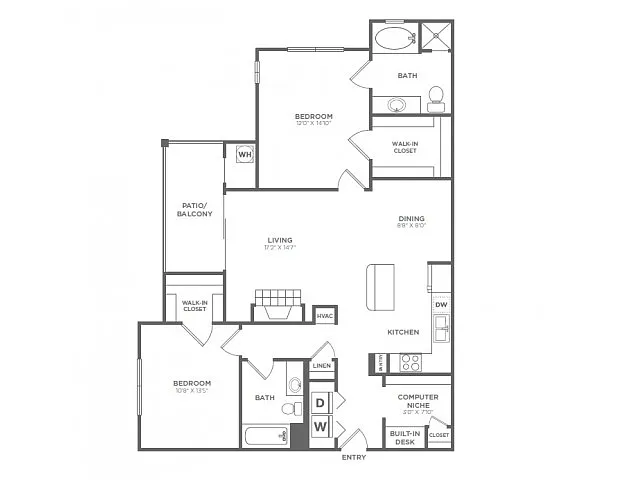 Floor plan Two Bedroom Two Bath (1234 SF)
