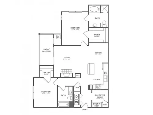 Floor plan Two Bedroom Two Bath (1234 SF)