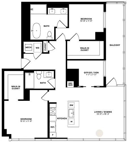 Floor plan 2 Bed/2 Bath Den-PH2