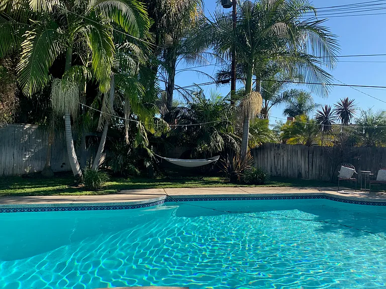 oversized private pool surrounded by palm trees, with hammock and chairs to relax in. weekly pool cleaning is included.