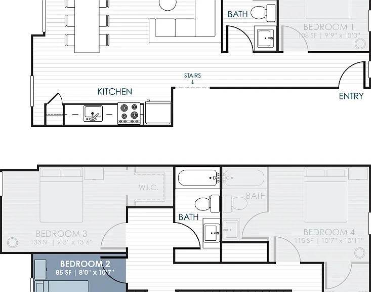 4-Bedroom CoLiving Rowhome: Bedroom 2 & Shared Bathroom Floorplan Diagram