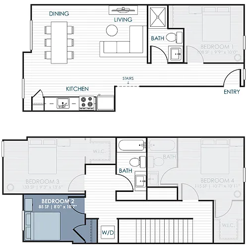 Floor plan 4-Bedroom CoLiving Rowhome: Bedroom 2 & Shared Bat