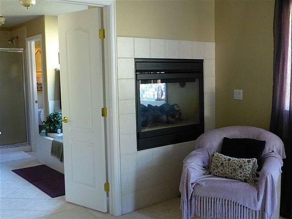 Double-sided gas fireplace in master bedroom/bathroom