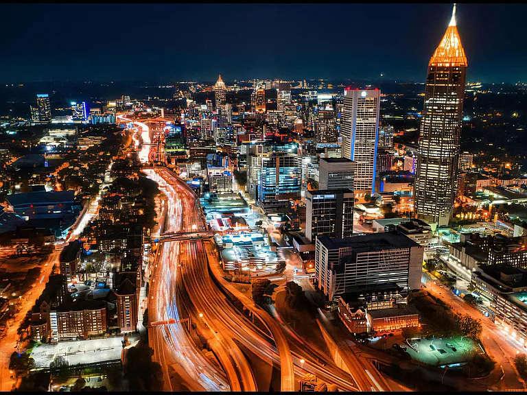 City Lights and Freeway Traffic in Downtown Atlanta After Dark
