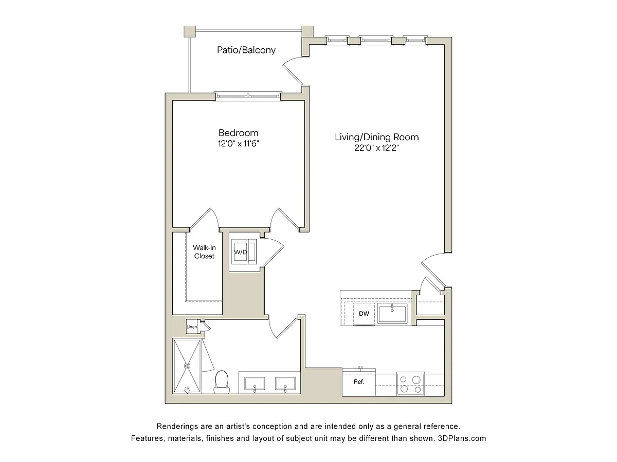 Floor plan A2 - 1BR 1BA (711 SF)