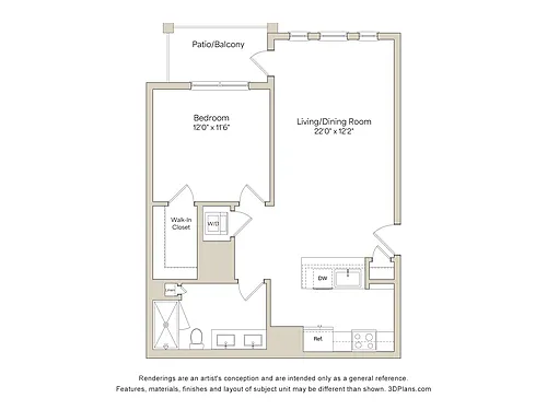 Floor plan A2 - 1BR 1BA (711 SF)