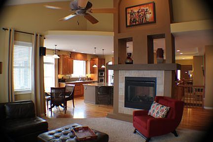 Beautiful double sided fireplace, vaulted ceilings and open floor plan
