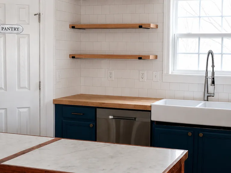 Light and bright kitchen with farm sink and open shelving