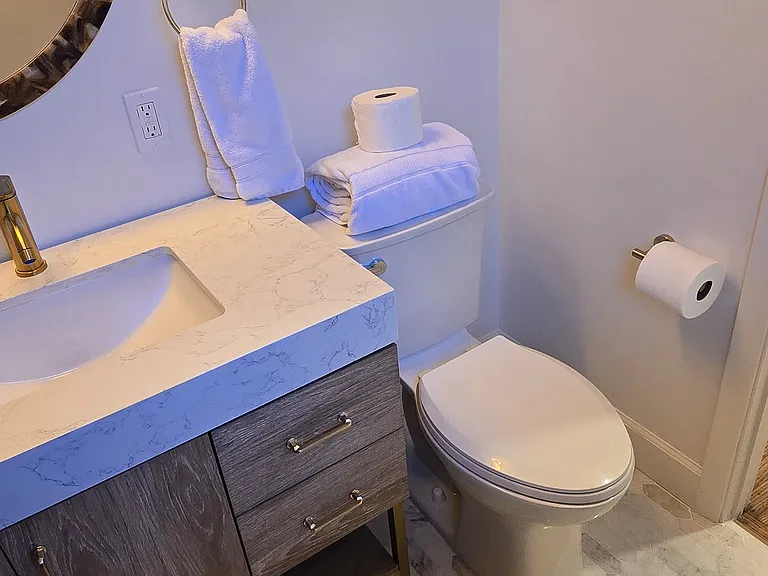 Fully remodeled bathroom with Carrera marble picket flooring.