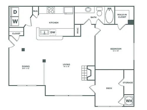 Floor plan One Bedroom One Bath (780 SF)