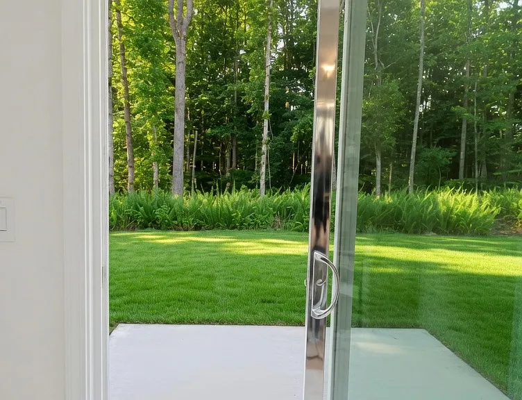 Large sliding glass door opens onto a concrete patio and expansive private backyard. Mature trees and lush green vegetation create a peaceful, wooded backdrop ideal for outdoor living, pets, or play.