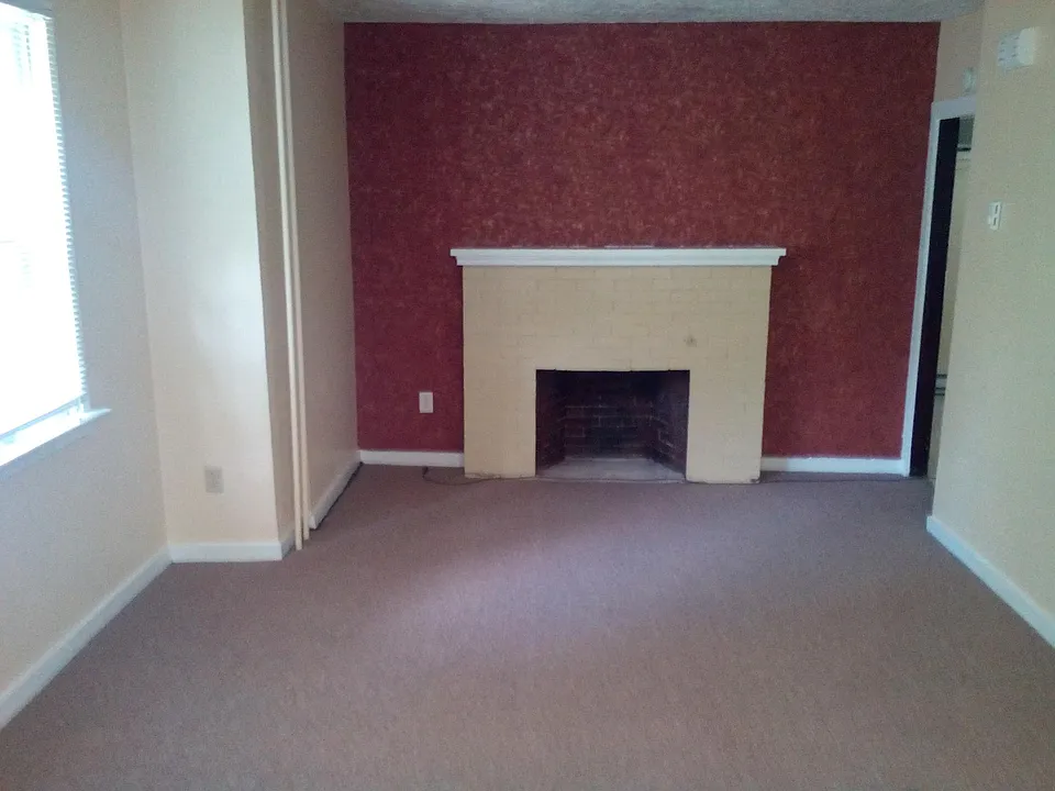 Living room with decorative fireplace.
