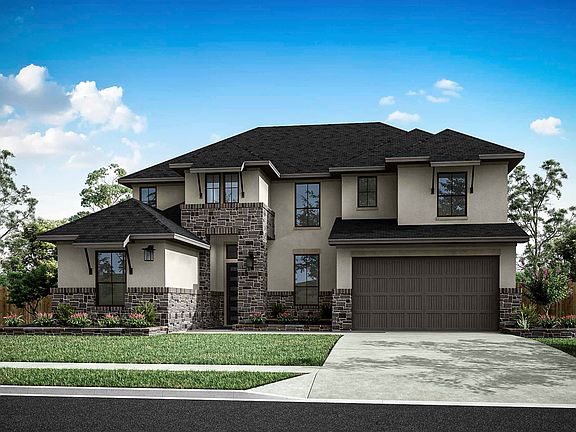 A two-story house with a stone exterior, a black roof, and a garage door stands in a well-manicured