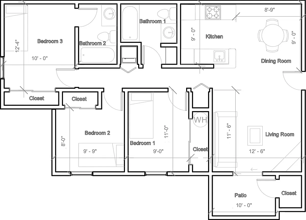Floor plan 3 Bedroom Flat with washer and dryer