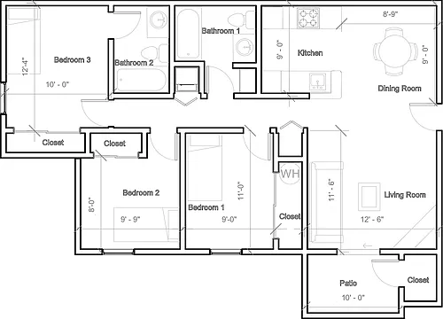 Floor plan 3 Bedroom Flat with washer and dryer