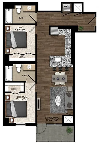 Floor plan 1 Bed/2 Bath Den-2E