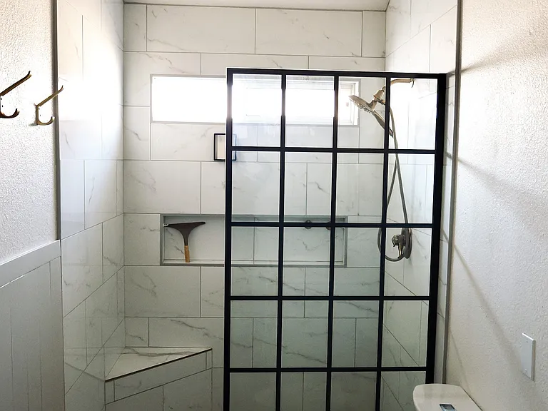 Main bedroom, modern full bathroom.