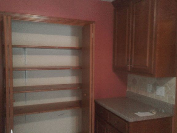 Kitchen with reach in Pantry and wood cabinets.