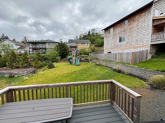 Backyard with porch and playground structure