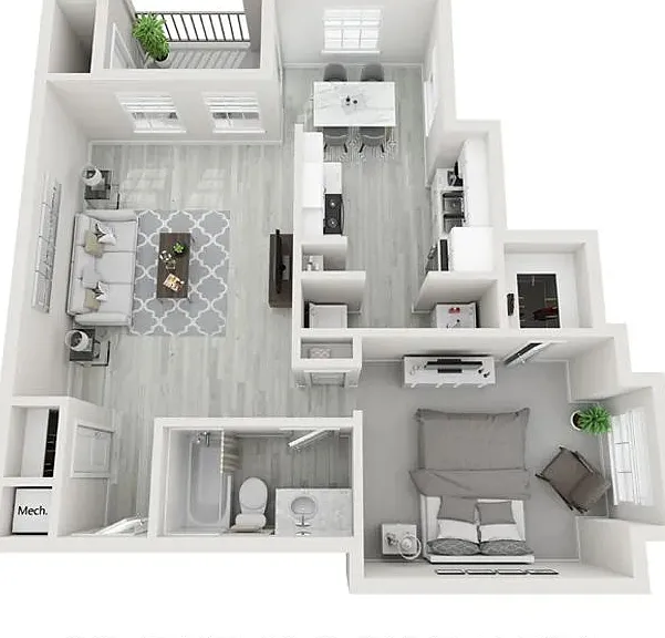 A 3D floor plan rendering of our one bedroom apartment