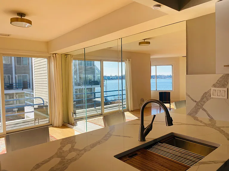 View from kitchen shows great water views.