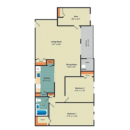 Floor plan 2BR-1BA 950-1000 sq Ft
