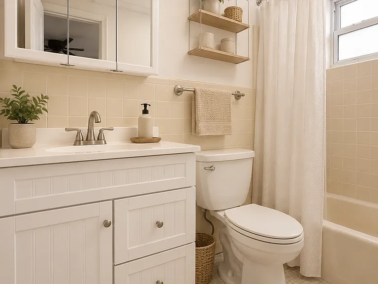 bathroom with bathtub and showerhead and new vanity