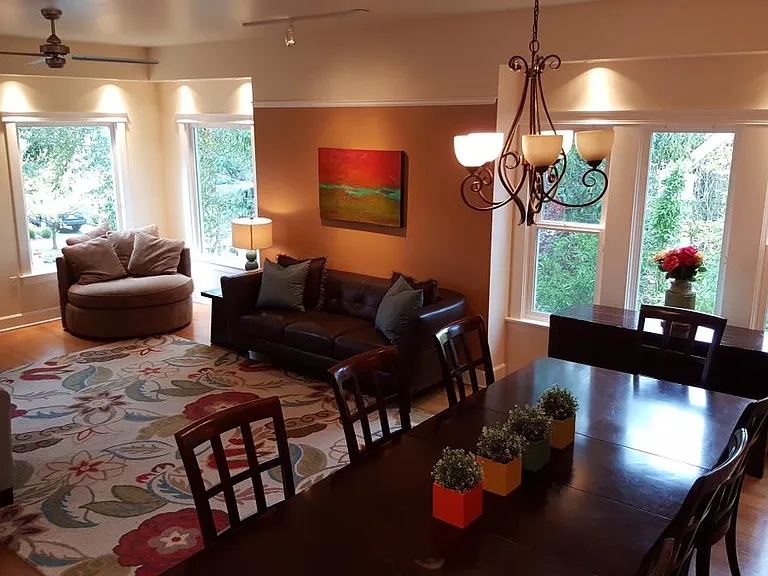 Shown Furnished (in 2018 old paint/lighting) Great Room with living and dining room with adjacent office