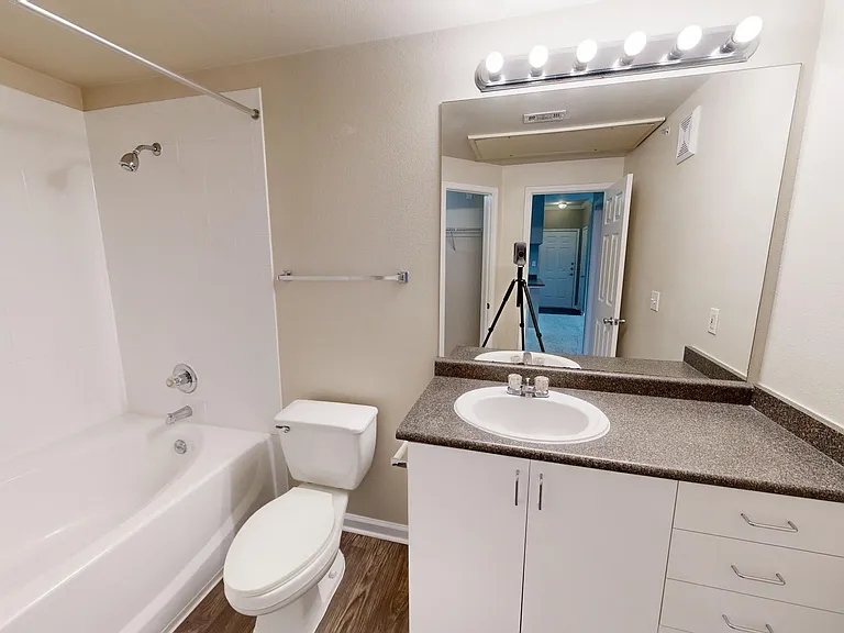 Apartment bathroom with wood-style flooring.