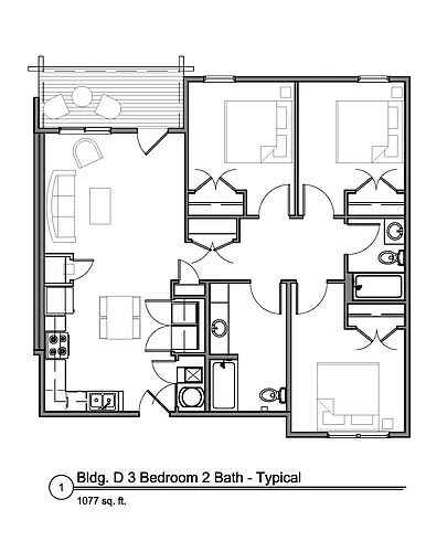 Floor plan Three Bed/Two Bath Flat | 50% AMI