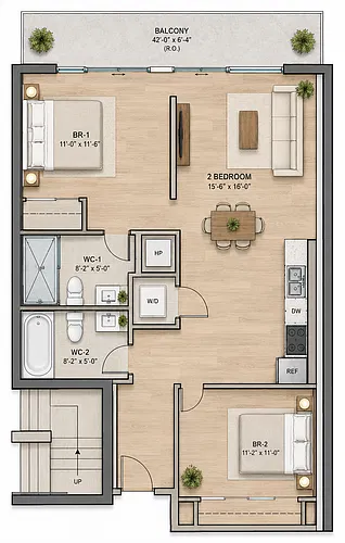 Floor plan 2 Bed 2 Bath w/ Terrace