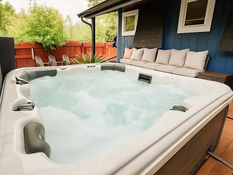 Soak your worries away in the private hot tub_surrounded by nature, comfort, and total relaxation.