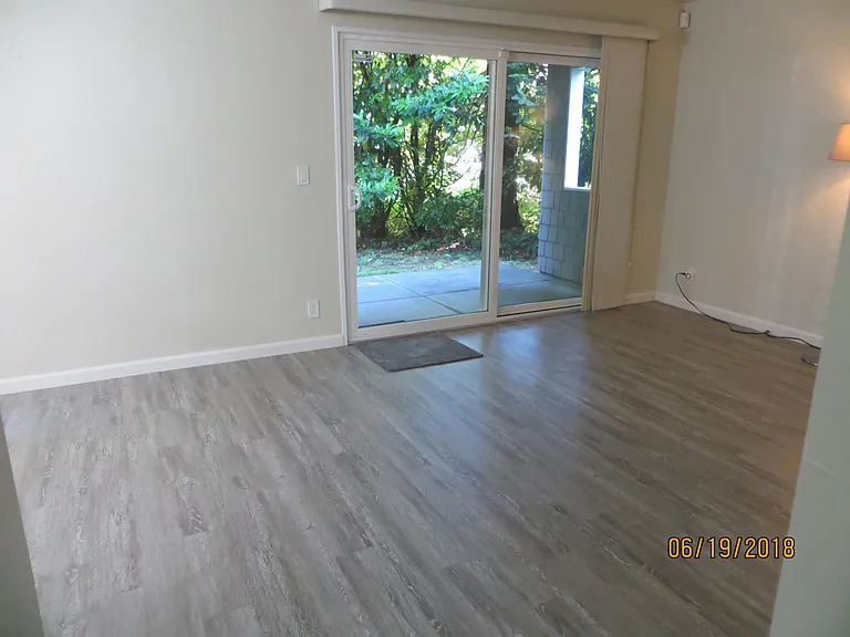 Living Room to patio and Garden/Greenbelt, and Redwood trees