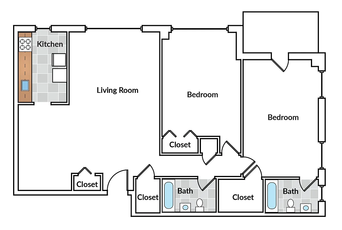 Floor plan 2 Bedroom 2 Bath with Balcony