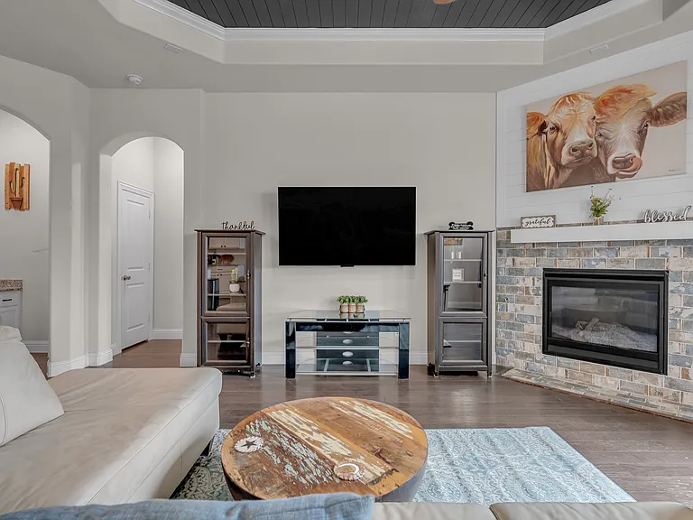 Living room with direct vent, gas fireplace with ceramic logs. The light switch on the right turns it on and off with a real fire!