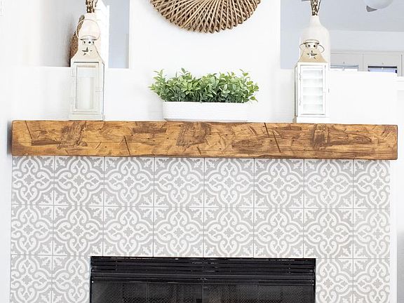 Gas fireplace in den.