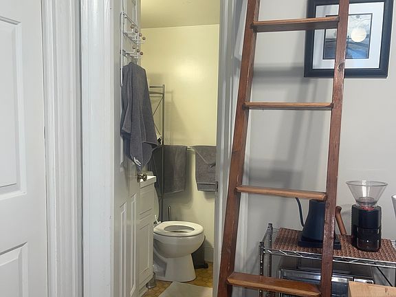 Bathroom with loft above and ladder