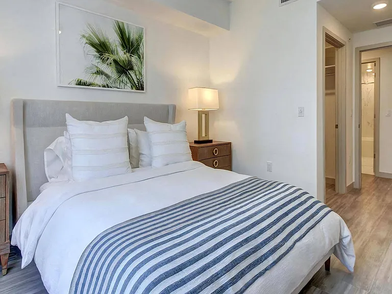 Bedroom With View Into Walk-In Closet and Bathroom Featuring Tile Shower