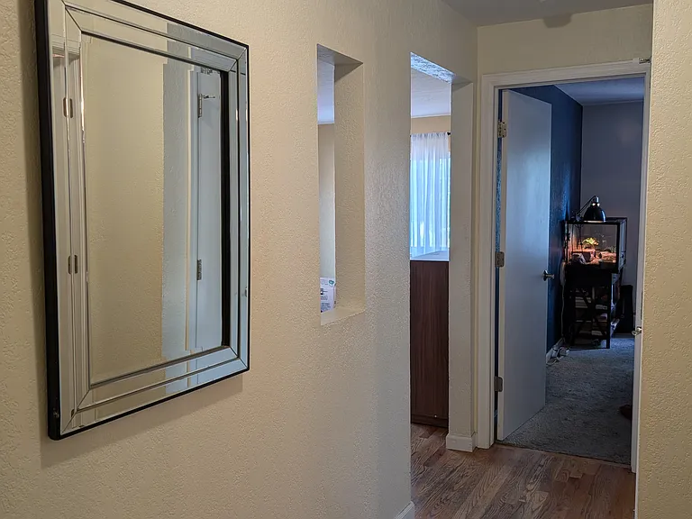 Entry way (kitchen/living to the left, bedroom straight ahead).