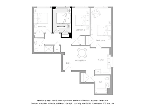 Floor plan Furnished Room in a 4 Bedroom 2 Bathroom (B2)