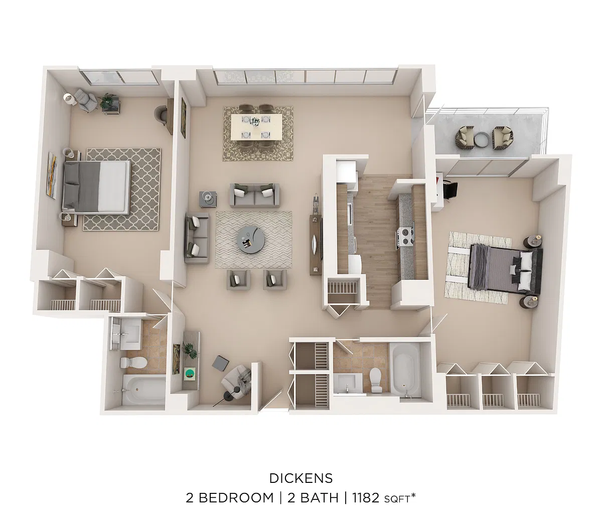 Floor plan Two Bedroom 2 Bath- 1182 sqft