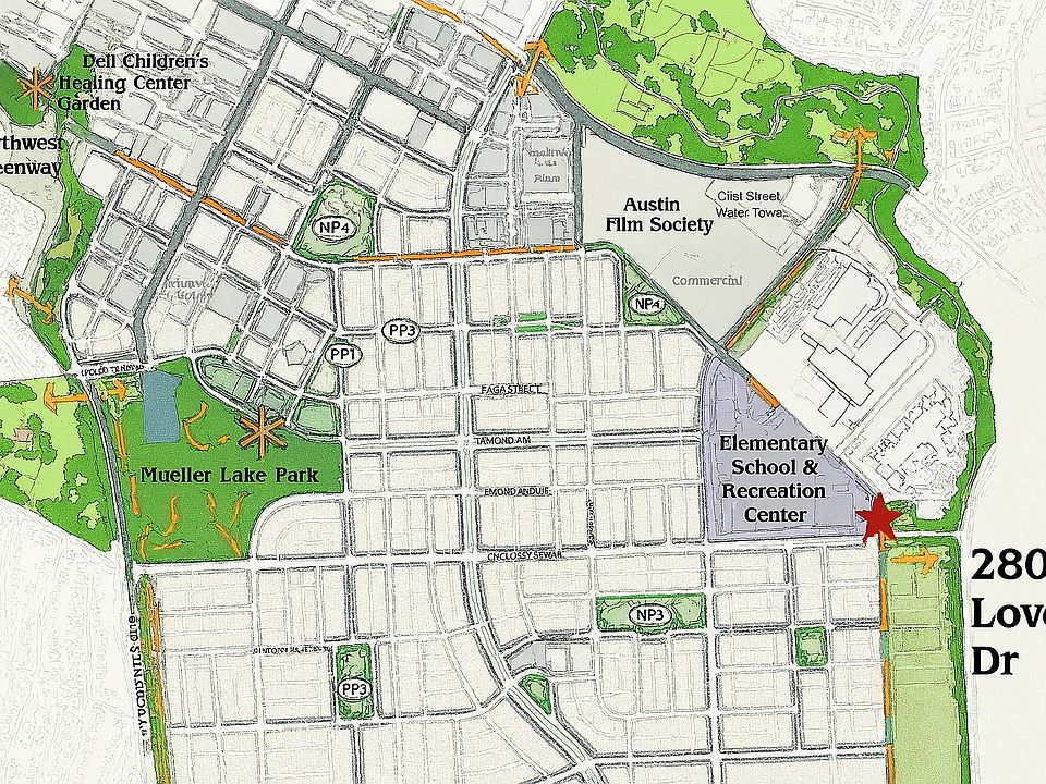 Across-the-street access to Mueller's greenway trail_walk to all things Mueller
Mueller Lake Park, restaurants, H-E-B, Dell Children's.