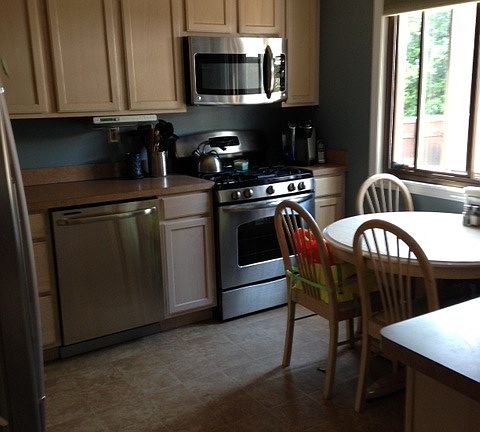 Eat-in kitchen with brand new appliances.